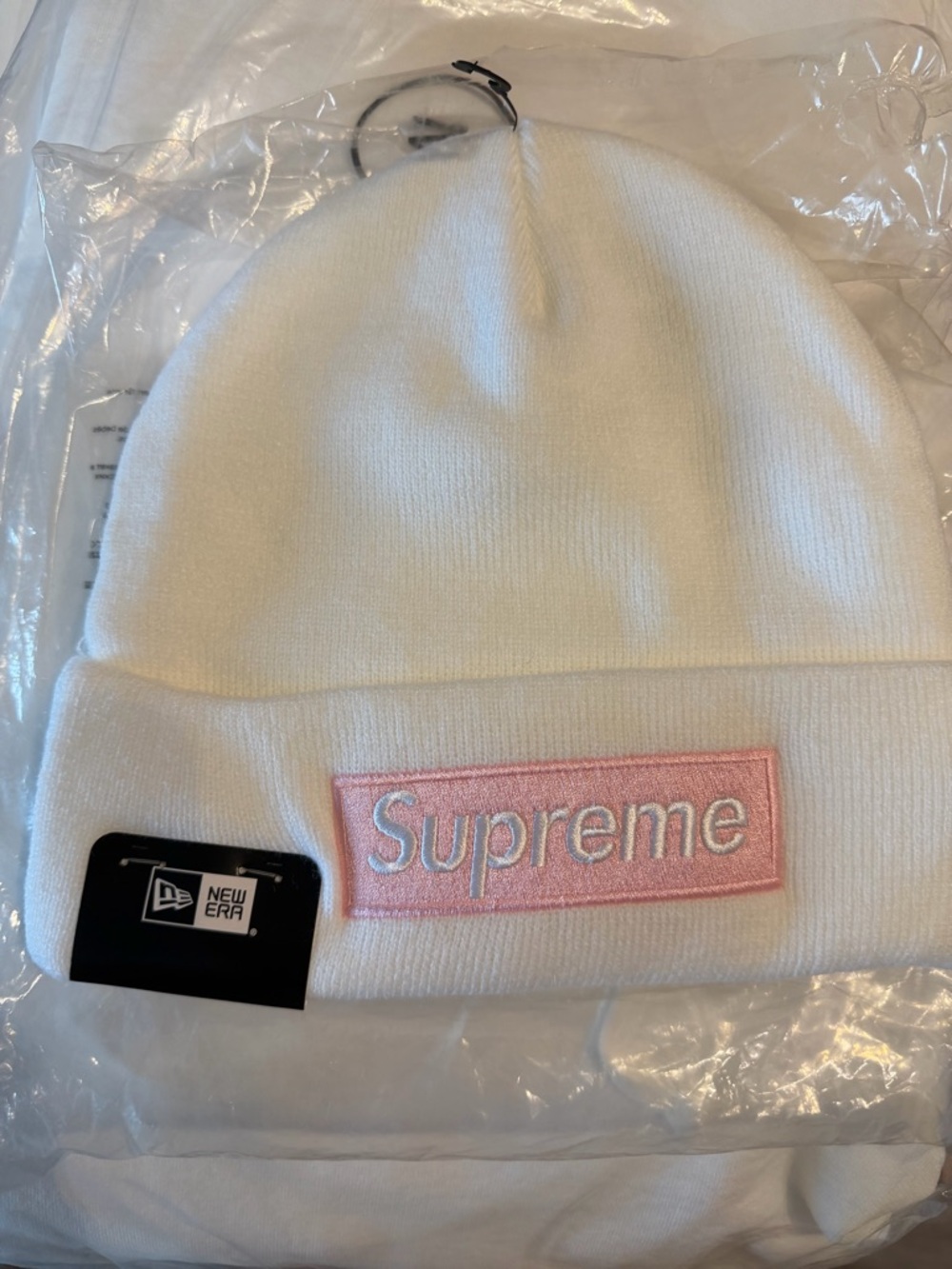 Supreme White Beanie with Pink Box Logo Patch